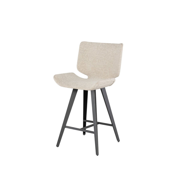 Modern counter stool with a large seat upholstered in boucle fabric, titanium steel legs, and a footrest.