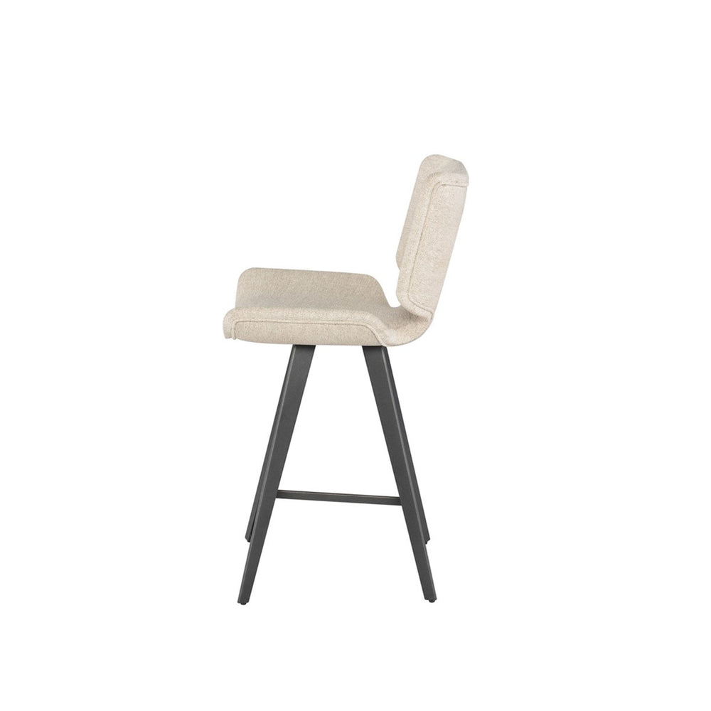 Side view of the off white modern counter stool with a large, upholstered seat and dark grey legs.