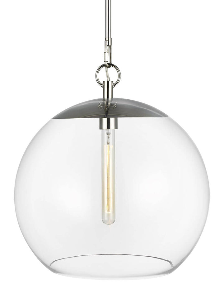 Glass globe ceiling light with modern bulb and a polished nickel finish.