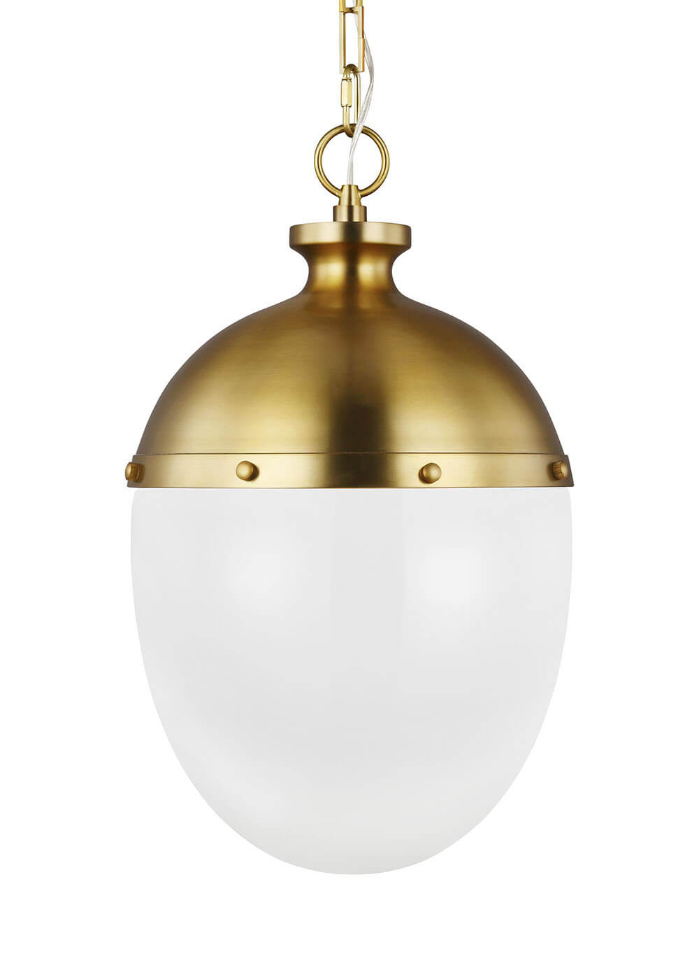 Oblong glass kitchen pendant with a burnished brass finish.