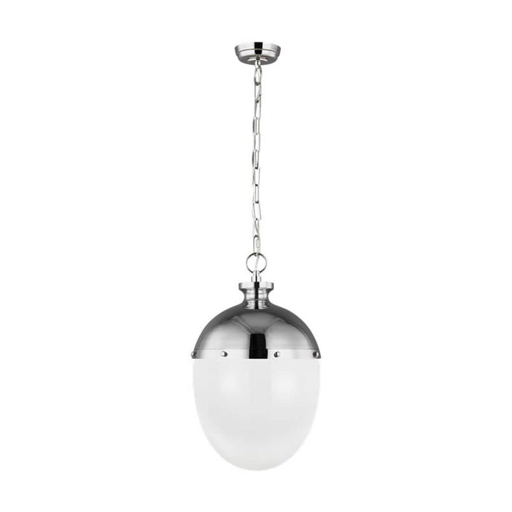 Polished nickel Larissa Pendant with an oblong glass pendant. Polished nickel dining room pendant.