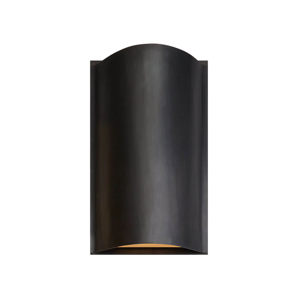 The Avant Curve Wall Sconce is a modern sconce made of curved, bronze metal and an interior light.