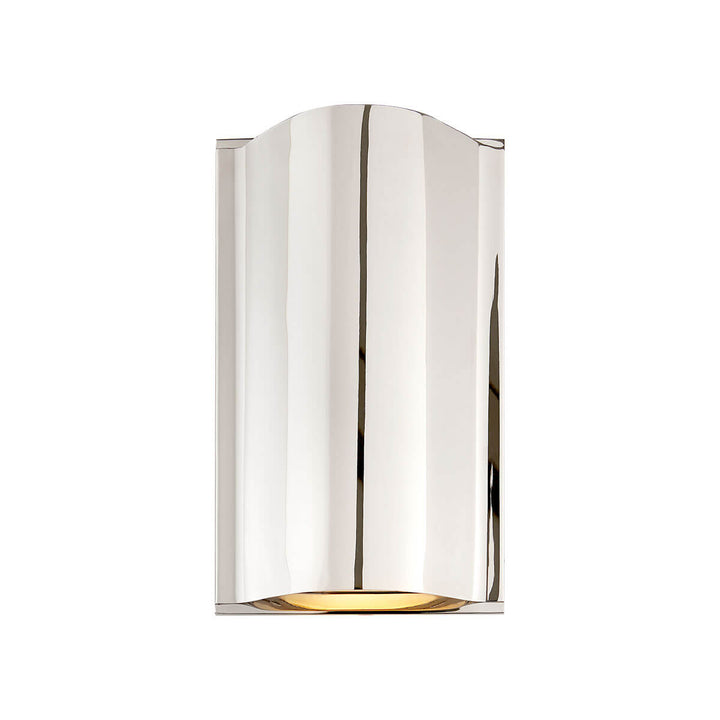 The Avant Curve Wall Sconce is a modern sconce made of curved, polished nickel metal and an interior light.
