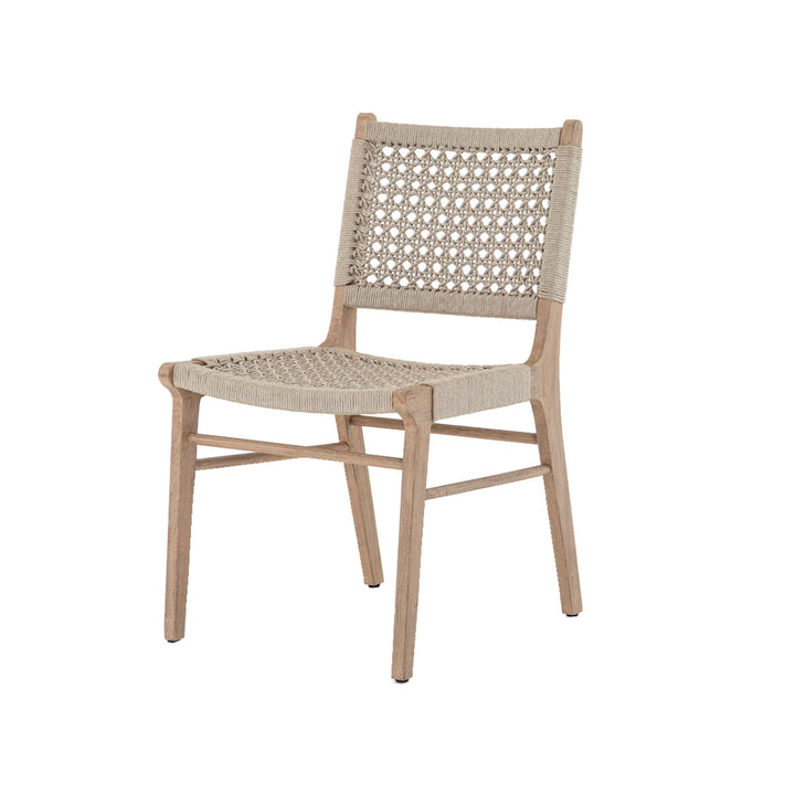 Front angled photo of outdoor dining chair with ivory outdoor-friendly rope and wood.