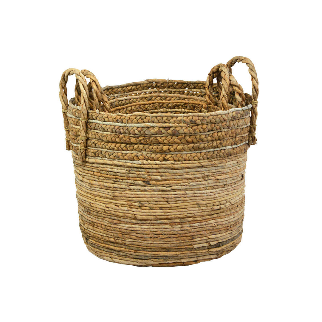 Set of three nesting baskets made from braided natural fibres and perfect for storage or as a decorative planter.