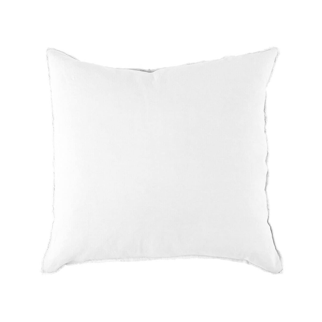 White linen pillow sham with frayed edge detail.