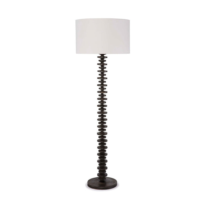 Floor lamp with a textured ebony coloured base made of natural birch wood with a lightweight linen shade. Handcrafted by artisans. Perfect for any living room, bedroom, or den.