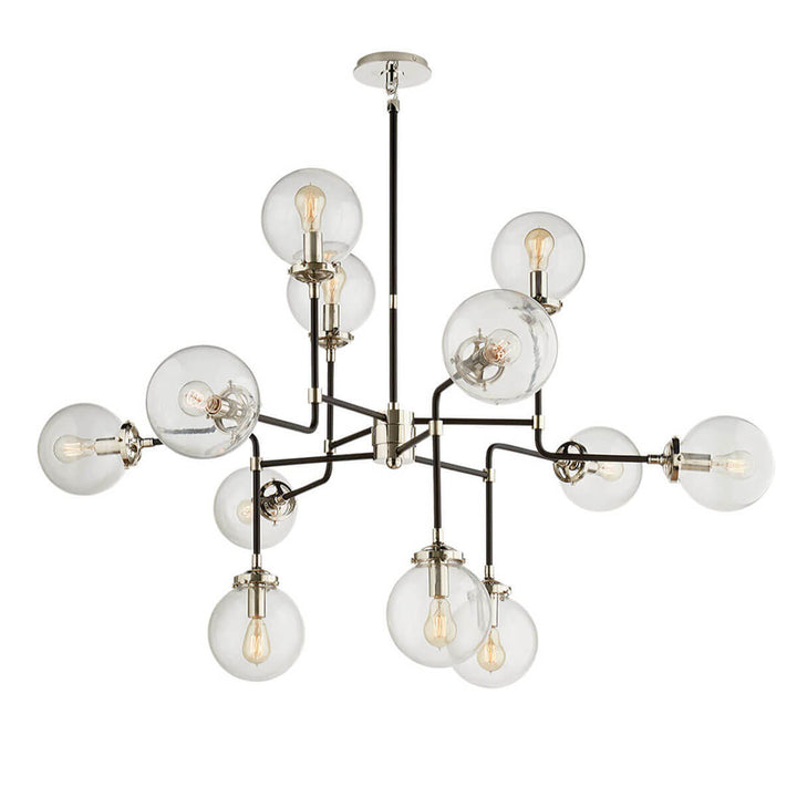 Bistro Chandelier has twelve clear glass globes and polished nickel curved rods to create a modern, whimsical look.
