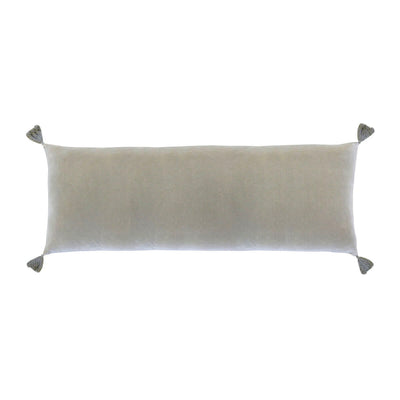 The Banjul Pillow - Sage is a sage coloured velvet rectangular pillow with tassels in the corner.