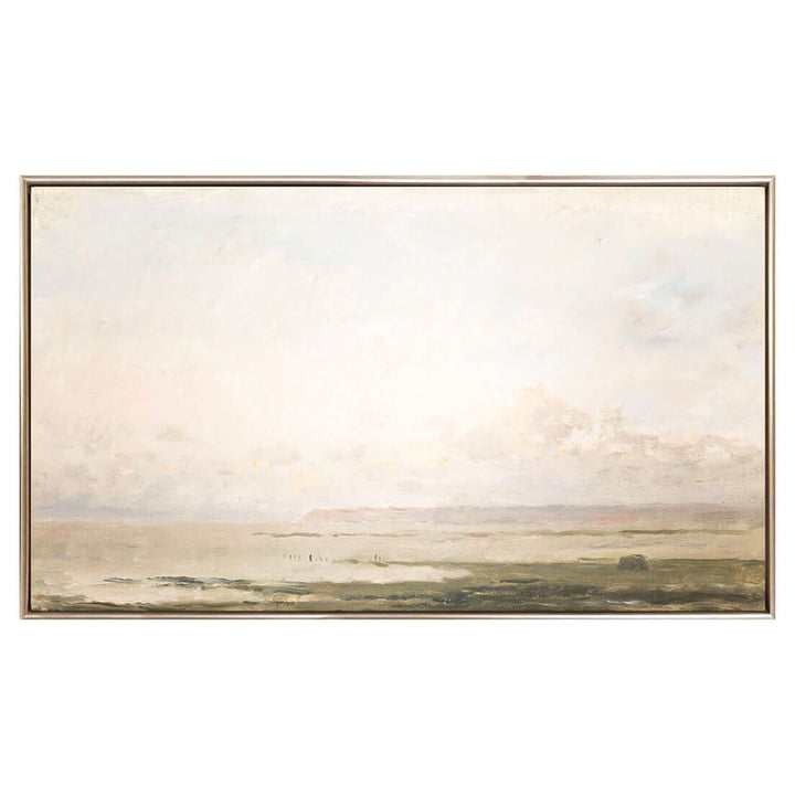 The Tidal Calm framed canvas is a traditional pre-expressionist piece with loose brushwork in dusty blush and green tones.