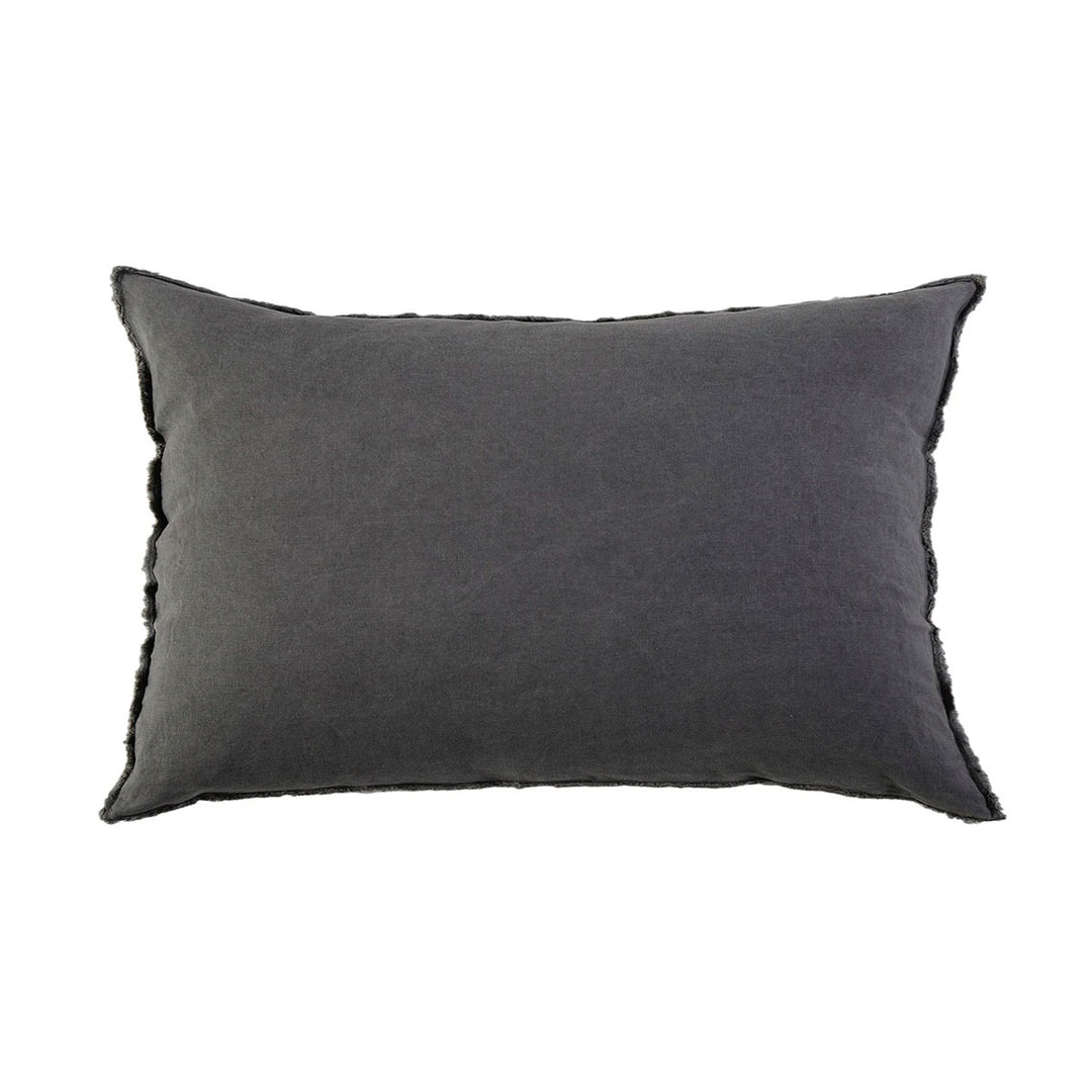 Dark grey 100% linen pillow King Sham with frayed edges and a tie closure.