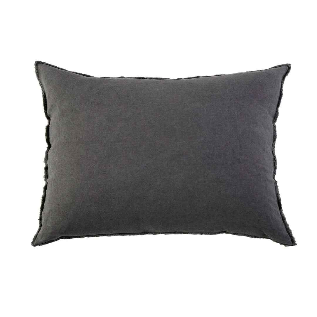 Dark grey 100% linen pillow Standard Sham with frayed edges and a tie closure.