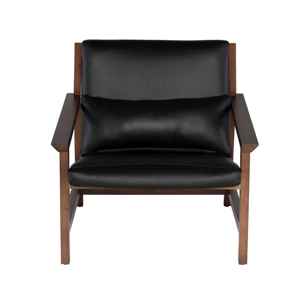 Mid century modern black leather sling chair with solid wood arms and legs.