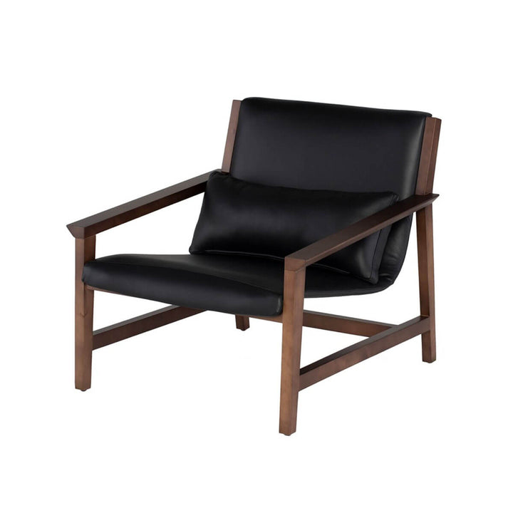 The Beirut Occasional Chair has a solid birch frame with a rich walnut finish and has a black leather sling seat.