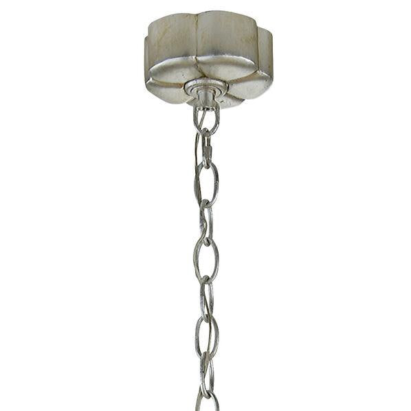 Burnished silver leaf with a flower shape and chain hanger on the statement chandelier.