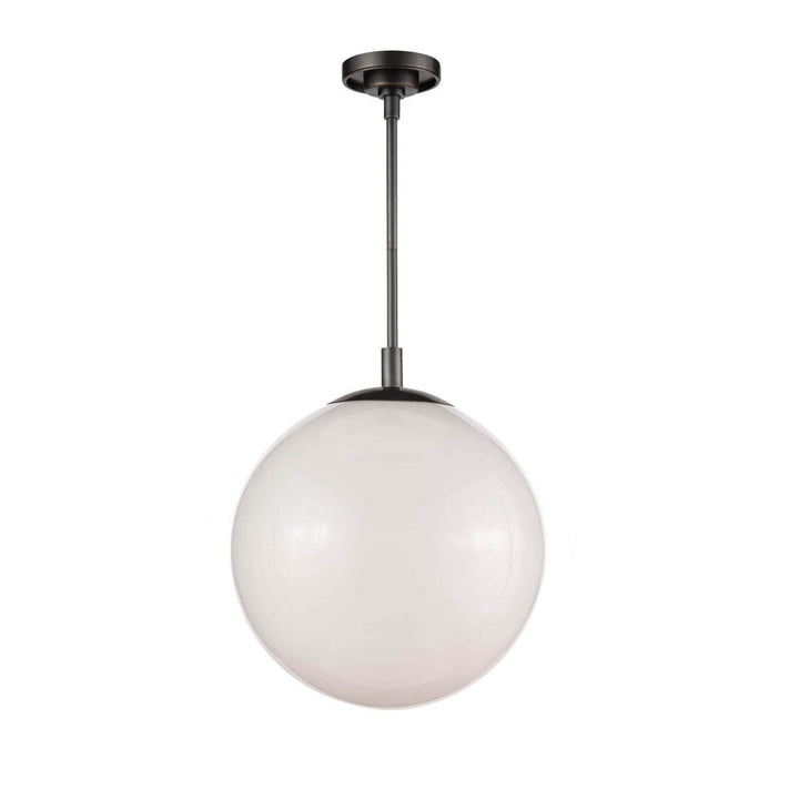 The Belleville Pendant is a globe pendant light with black metal frame and opal glass and a modern look.