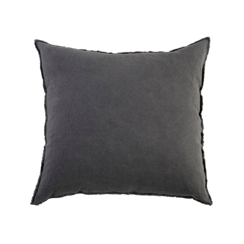 Dark grey 100% linen pillow Euro Sham with frayed edges and a tie closure.