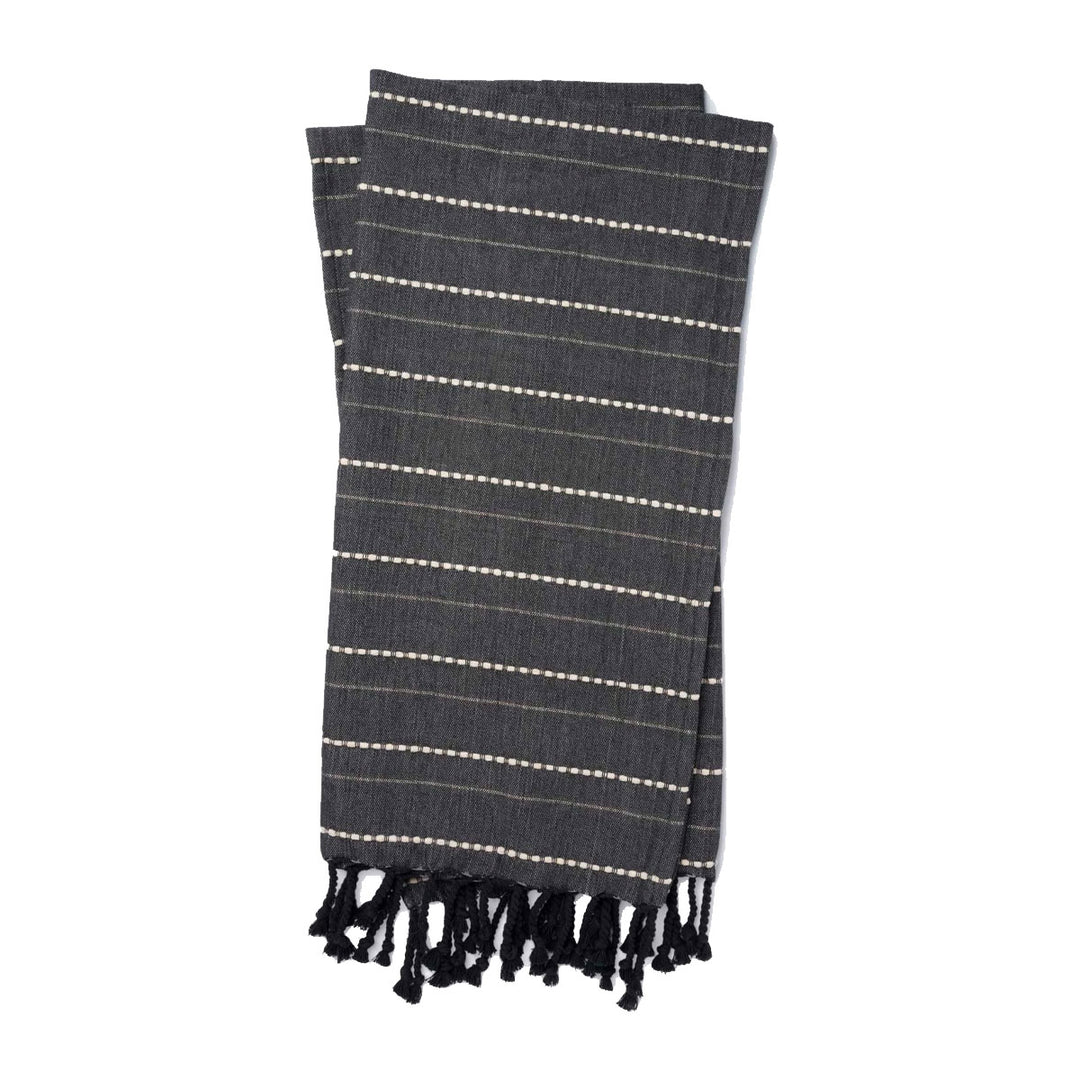 Charcoal coloured throw blanket with fringed edges and simple striped pattern.