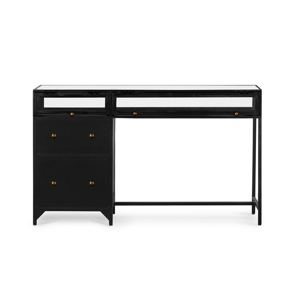 Shadow-box desk with tempered glass and black iron.