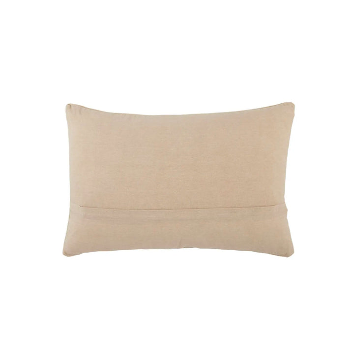 Backside of lumbar pillow with hidden zipper detail and soft taupe colour.