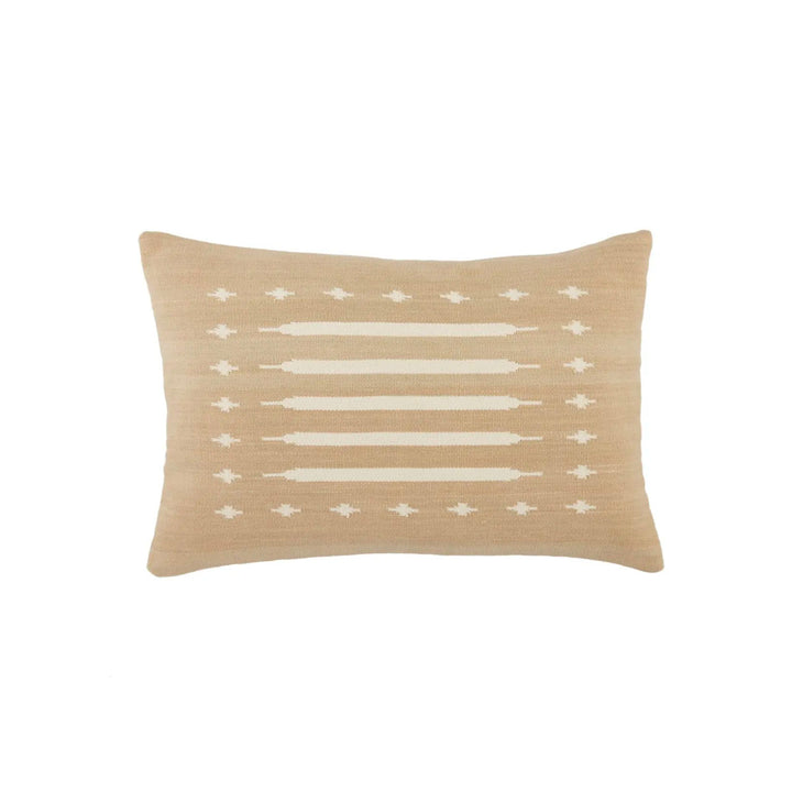 Indoor lumbar pillow made of 100% cotton with a soft tribal pattern and 100% down fill. The cotton is shown in a soft taupe colour with cream tribal pattern.
