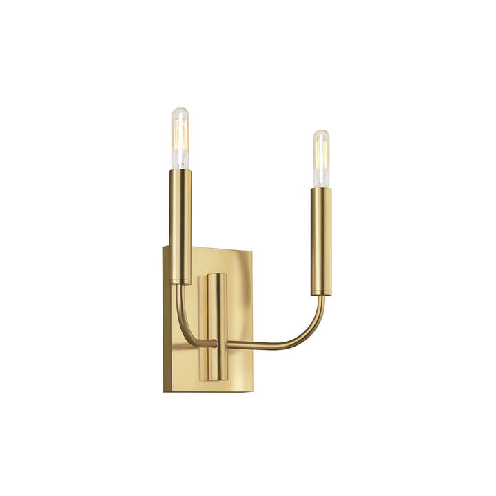 Modern wall sconce with a burnished brass backplate and two, slender arms with modern light bulbs.