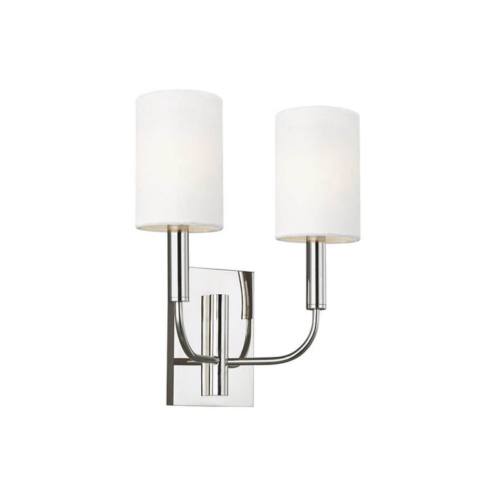 The Kiel Wall Sconce has a polished nickel rectangular backplate with two arms and cylindrical white linen shades.