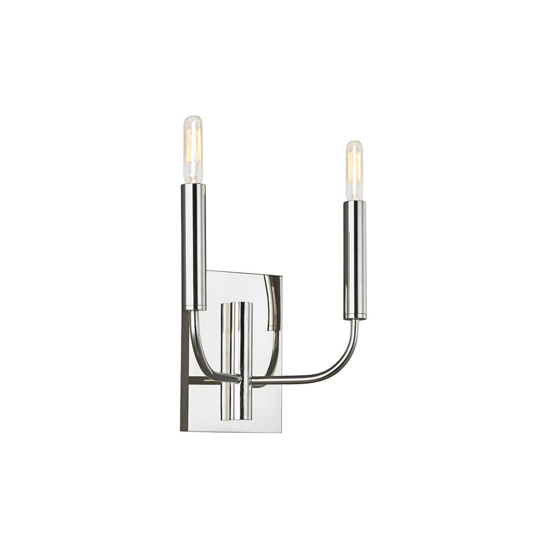 Modern wall sconce in a polished nickel finish with a rectangular backplate and two, curved arms.