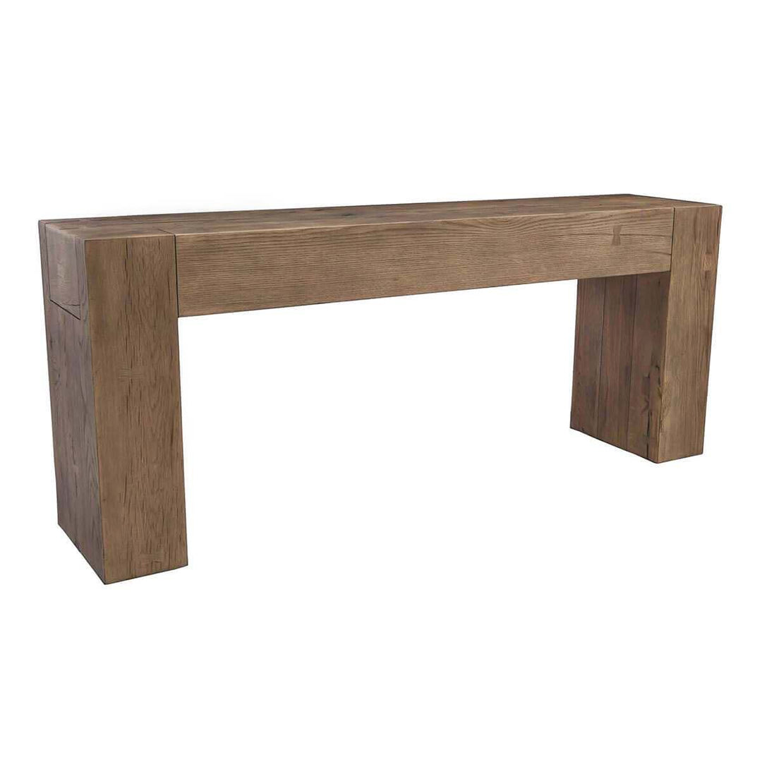 A modern console table made of solid oak wood with oversized dovetail details.