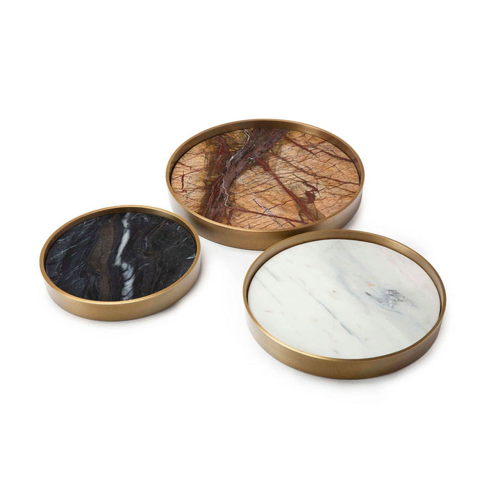 Set of 3 mixer trays made of assorted marble patterns and natural brass frame.