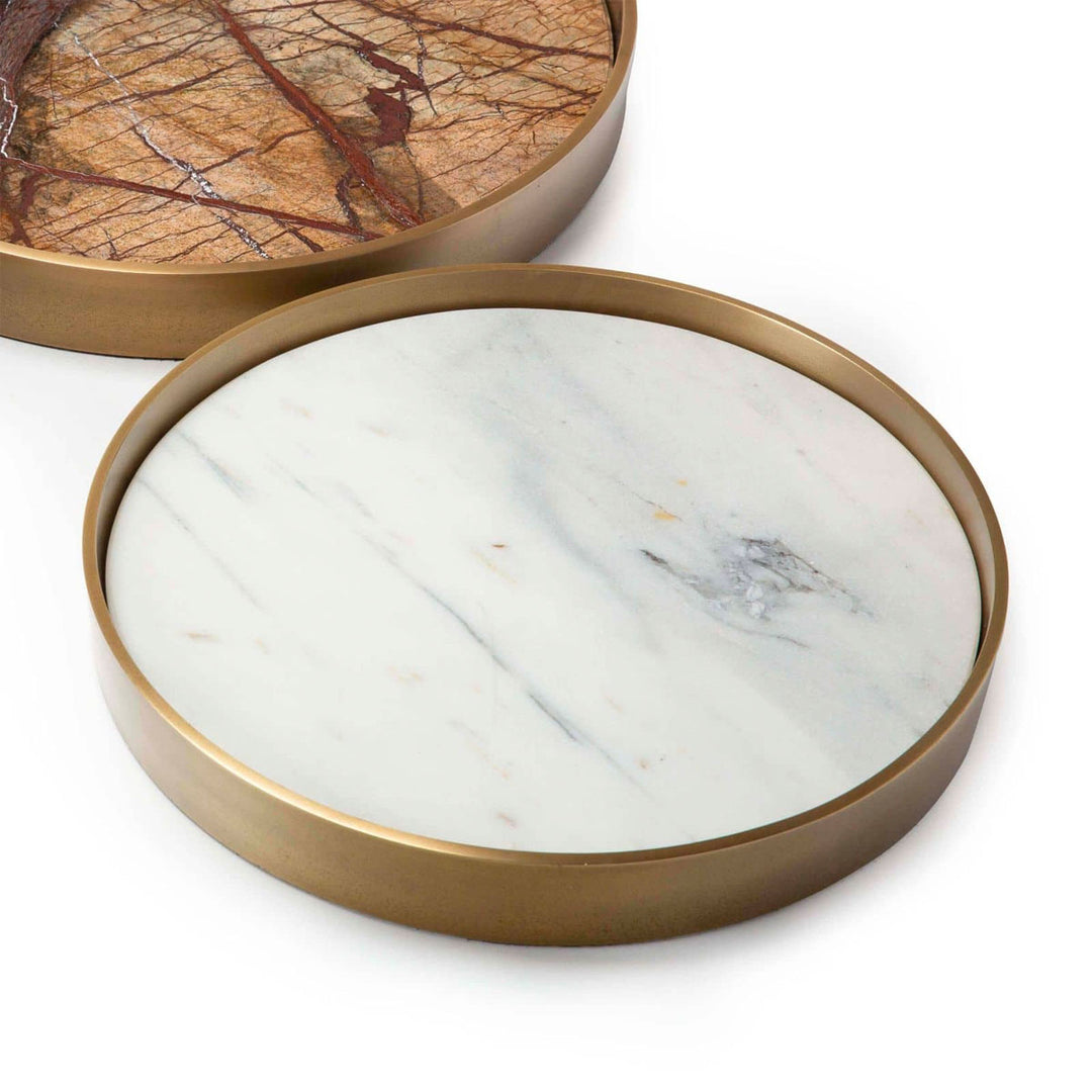 White marble tray surrounded by a natural brass frame.