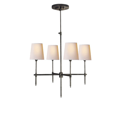 The Bryant Chandelier has a traditional candelabra frame with bronze arms and four lights with natural paper shades.