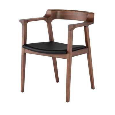 Scandinavian inspired dining chair with a rounded back, solid wood frame, and leather seat cushion.