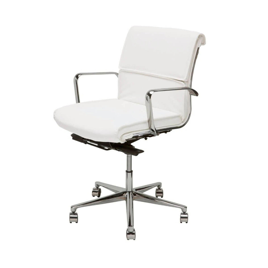 Office Chair with a white, faux leather seat with a chrome, fully adjustable base.