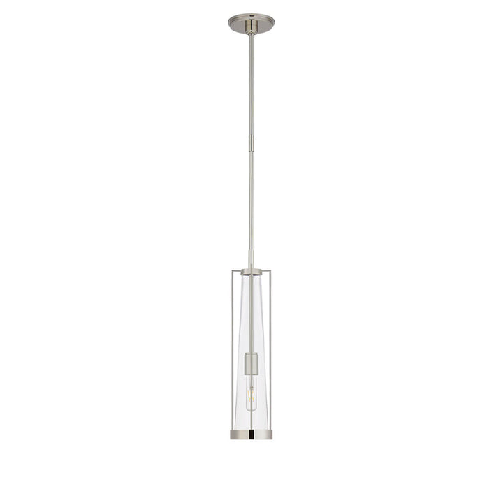 The Calix Tall Pendant has a tall, slim polished nickel cage around a clear glass, cylinder shade.