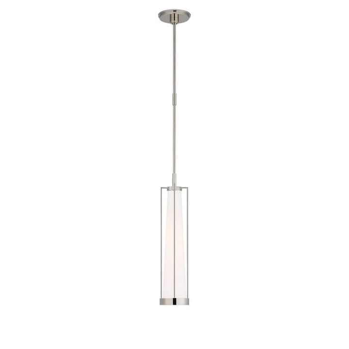 The Calix Tall Pendant has a tall, slim polished nickel cage around a white glass, cylinder shade.