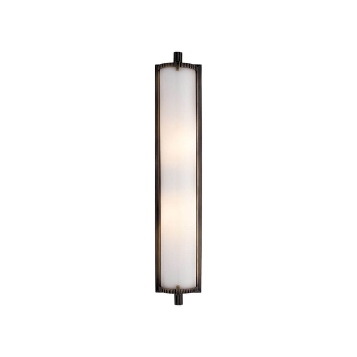 The Calliope Wall Sconce is a slim light with a bronze finish and a white glass lamp shade.