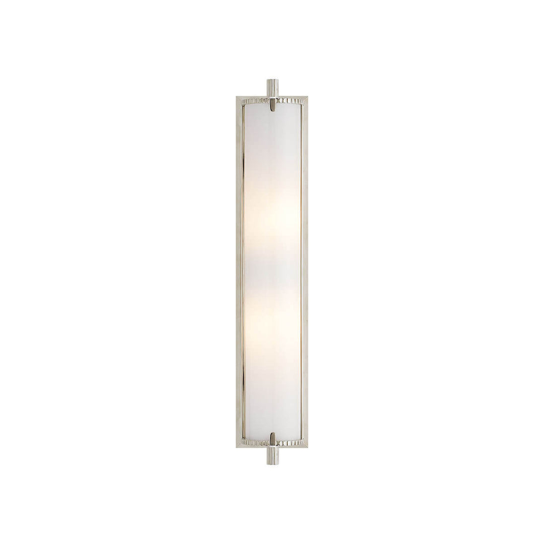 The Calliope Wall Sconce is a long, slim light with a polished nickel finish and a white glass lamp shade.