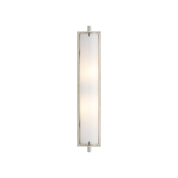 The Calliope Wall Sconce is a long, slim light with a polished nickel finish and a white glass lamp shade.