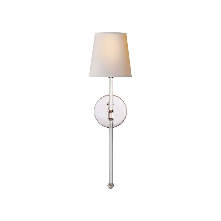 The Camille Wall Sconce has a simple natural paper shade and clear glass and polished nickel stem and backplate.