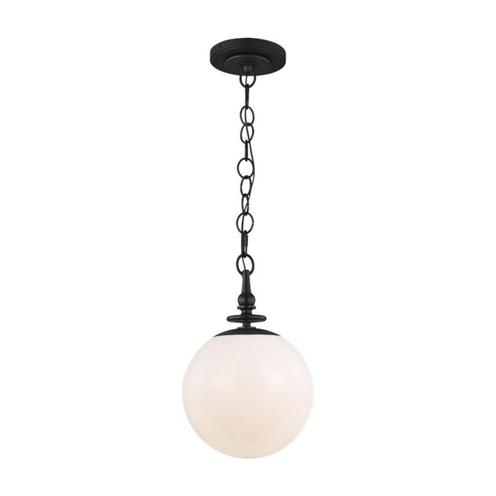 Serres Pendant in an aged iron finish with a glass globe and chain attachment.