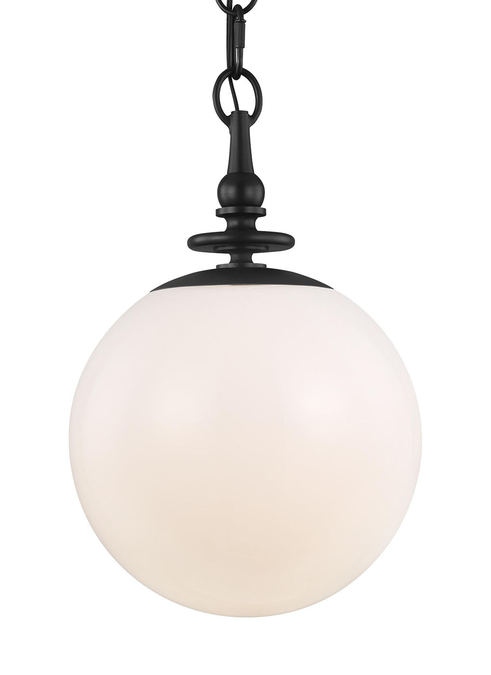 Dining room pendant with a white glass globe and aged iron finish.