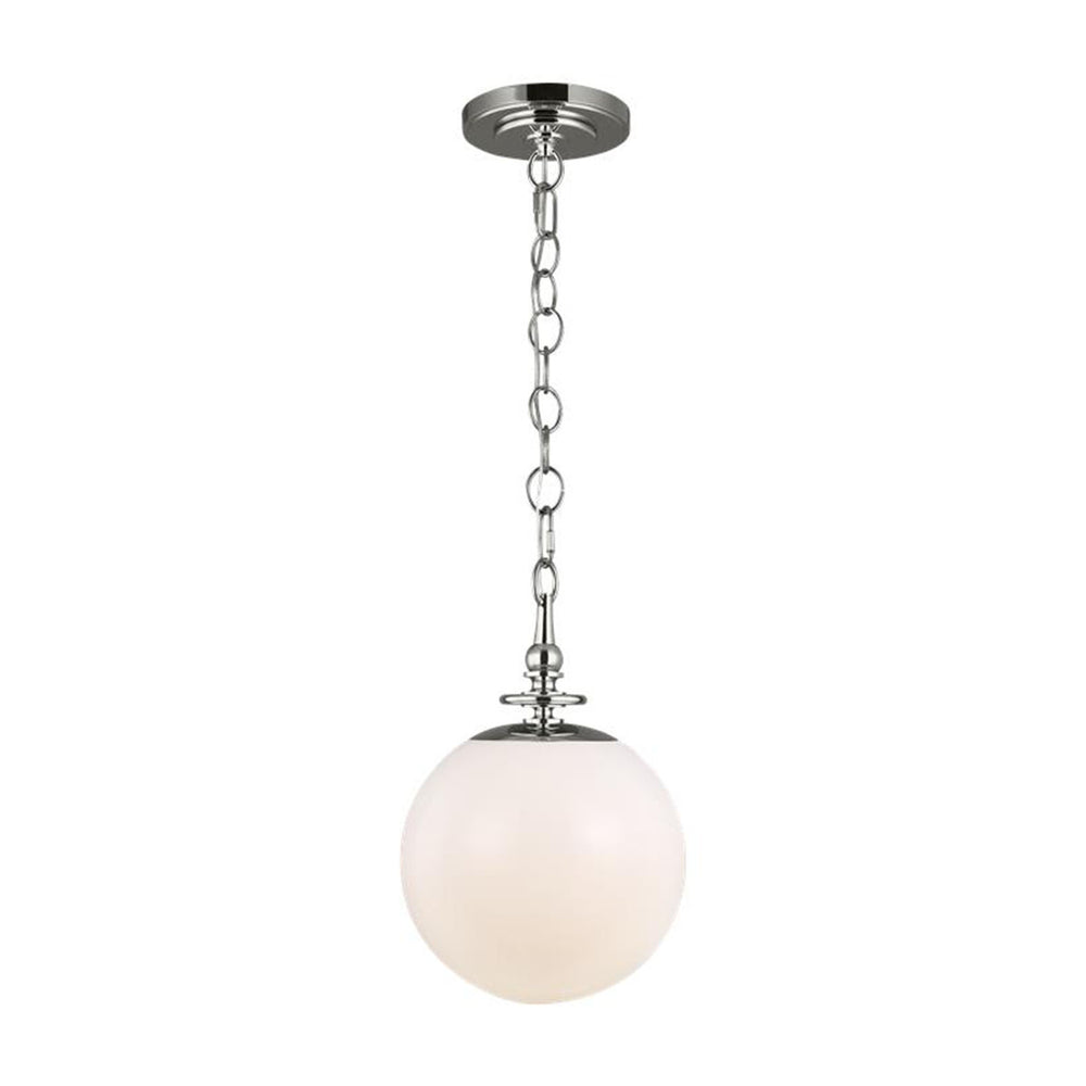 Serres Pendant in a polished nickel finish with a glass globe and chain attachment.