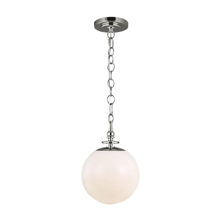 Serres Pendant in a polished nickel finish with a glass globe and chain attachment.