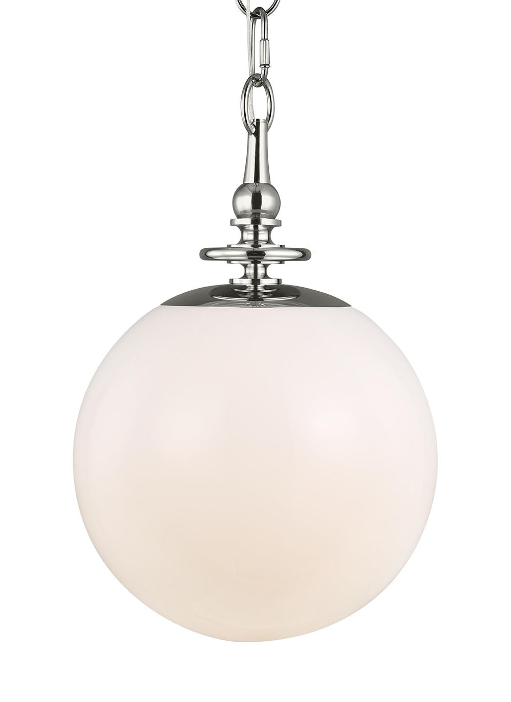 Bathroom pendant with a white glass globe and polished nickel finish.