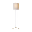 The Caron Floor Lamp has an x-shaped base in a bronze finish with an antique brass base and a natural paper closed op shade.