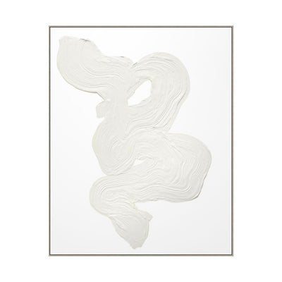 An abstract art piece with textural white ribbons of paint.