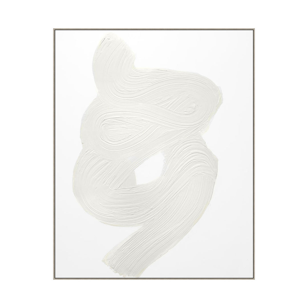 Abstract white painting with intertwining ribbons of texture.