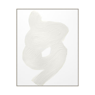 Abstract white painting with intertwining ribbons of texture.