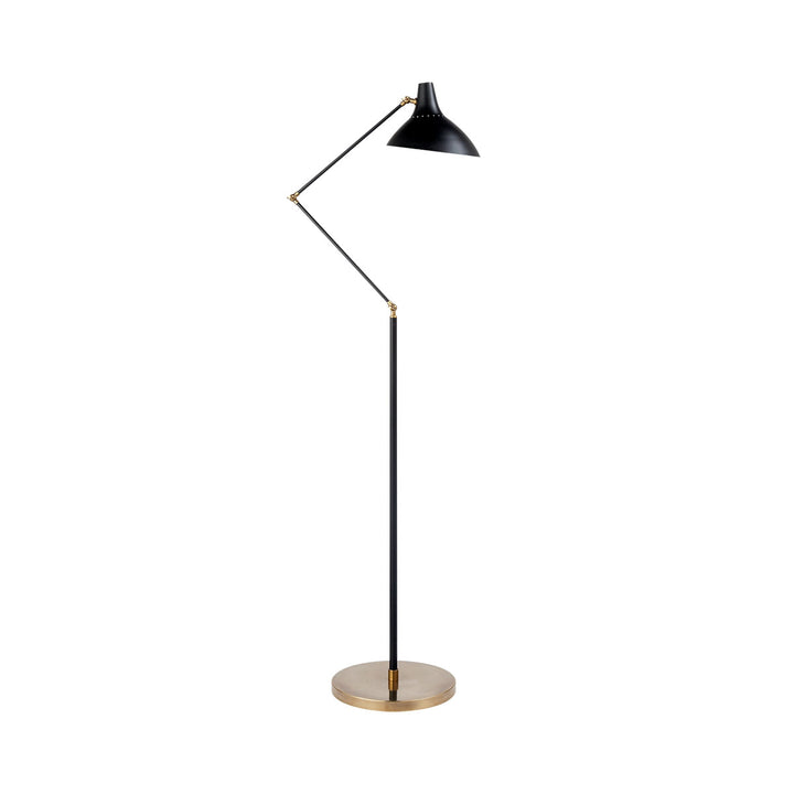 The Charlton Floor Lamp has three, adjustable joints with a black finish and antique brass base and joints.